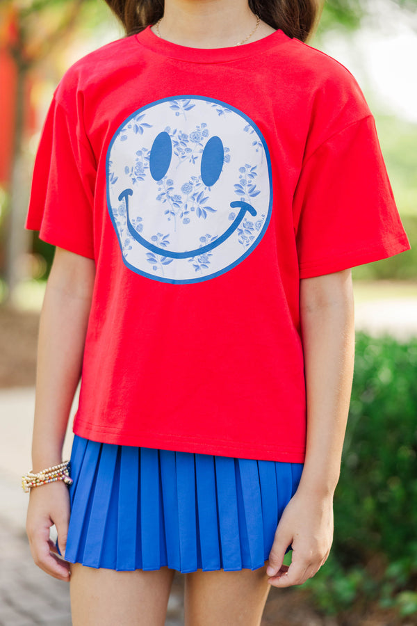 Girls: Blue Floral Toile Smiley Face Red Graphic Tee