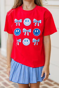 Girls: Blue Gingham Bows & Smiley Faces Red Graphic Tee