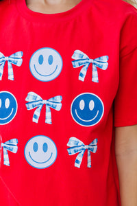 Girls: Blue Gingham Bows & Smiley Faces Red Graphic Tee