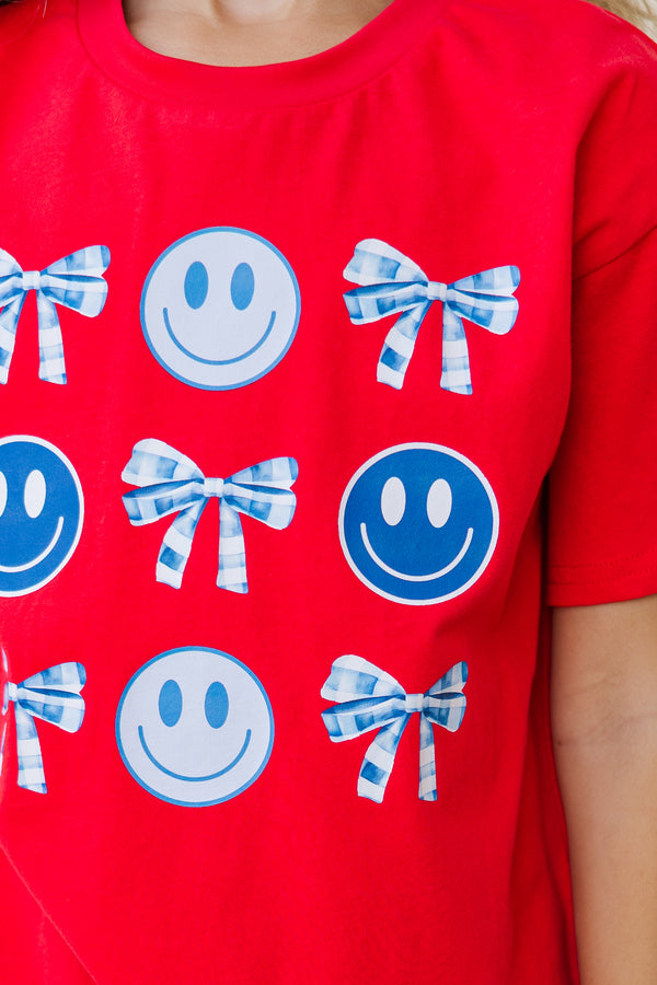 Girls: Blue Gingham Bows & Smiley Faces Red Graphic Tee