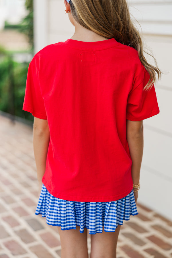 Girls: Blue Gingham Bows & Smiley Faces Red Graphic Tee