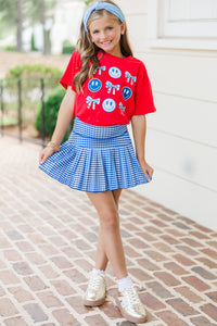 Girls: Blue Gingham Bows & Smiley Faces Red Graphic Tee