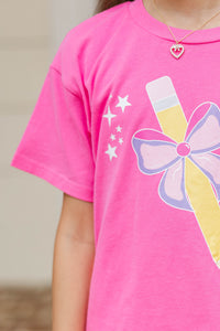Girls: Pink & Purple Bow Pencil Fuchsia Graphic Tee