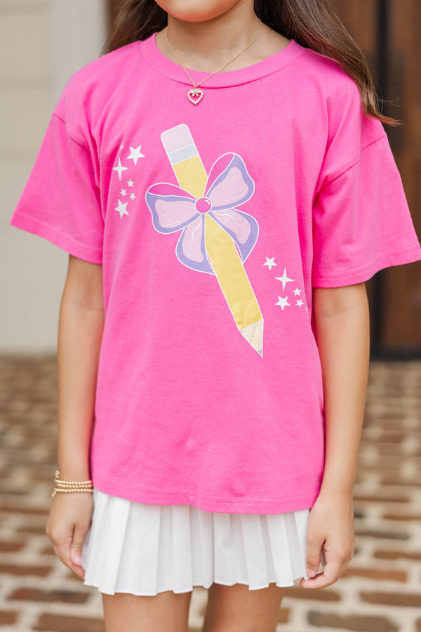 Girls: Pink & Purple Bow Pencil Fuchsia Graphic Tee