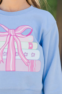 Girls: Books With A Bow Blue Graphic Sweatshirt