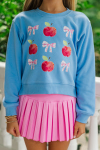 Girls: Apples & Gingham Bows Blue Graphic Sweatshirt