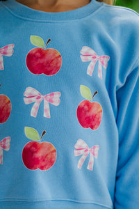 Girls: Apples & Gingham Bows Blue Graphic Sweatshirt