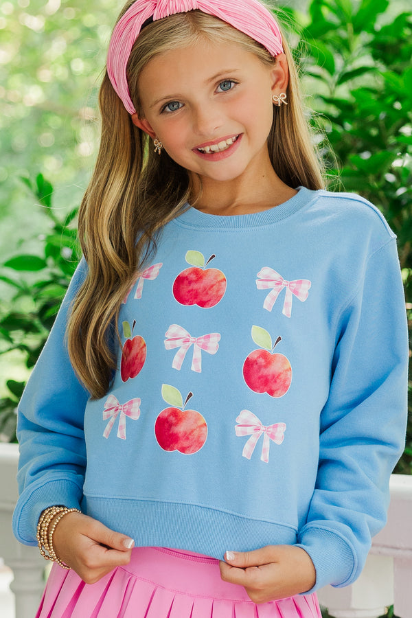 Girls: Apples & Gingham Bows Blue Graphic Sweatshirt
