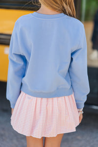 Girls: Flower Smiley Faces & Back To School Blue Graphic Sweatshirt