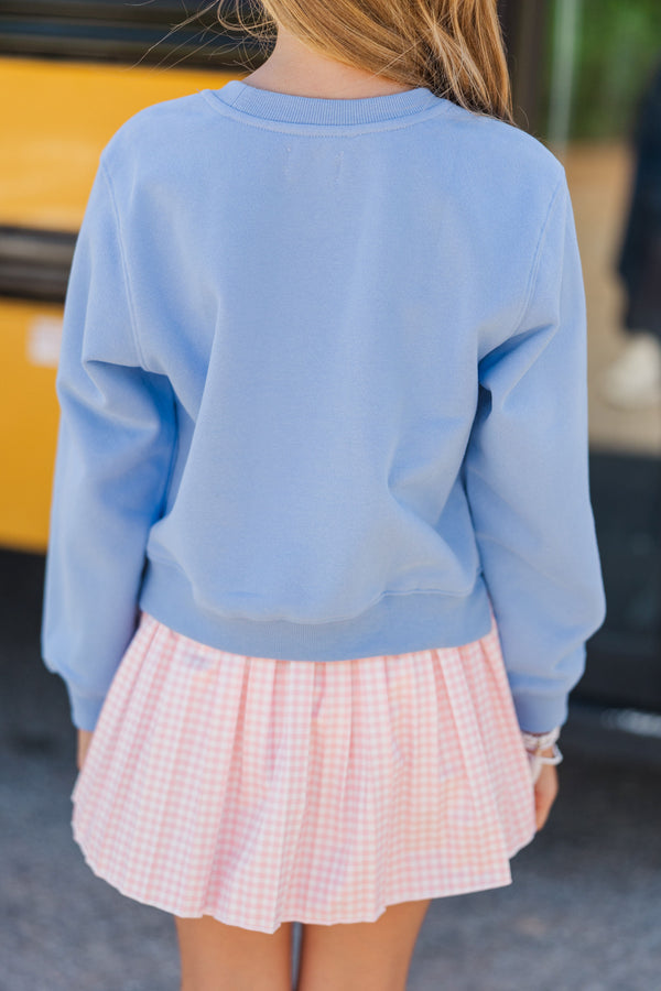 Girls: Flower Smiley Faces & Back To School Blue Graphic Sweatshirt