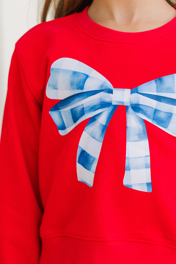 Girls: Blue Gingham Bow Red Graphic Sweatshirt