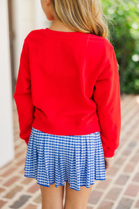 Girls: Blue Gingham Bow Red Graphic Sweatshirt