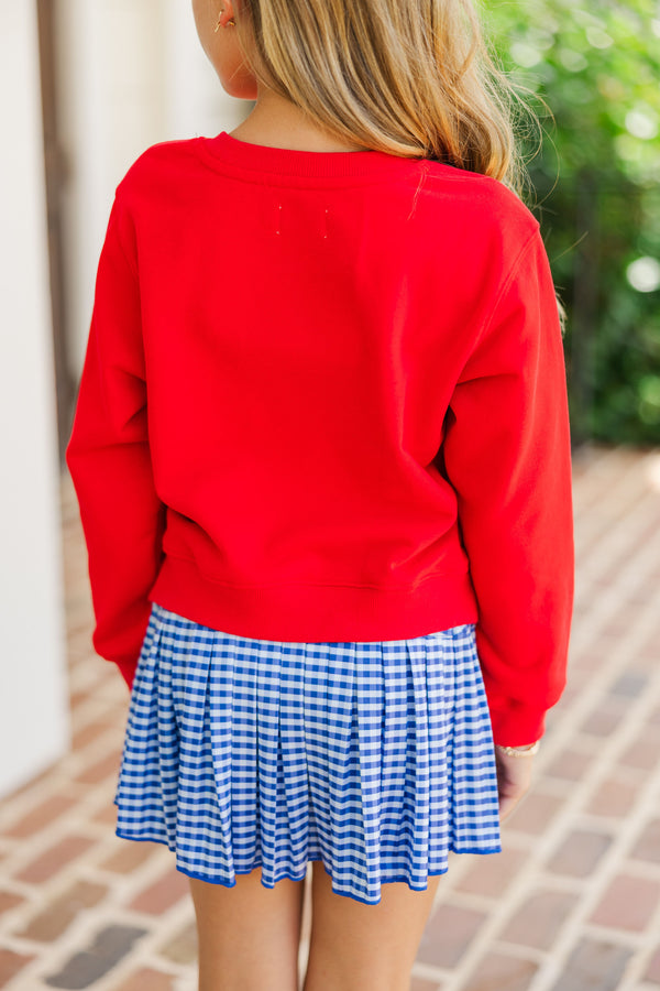 Girls: Blue Gingham Bow Red Graphic Sweatshirt