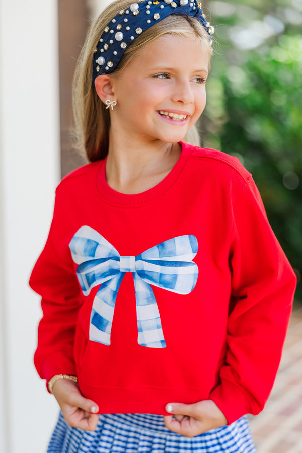 Girls: Blue Gingham Bow Red Graphic Sweatshirt