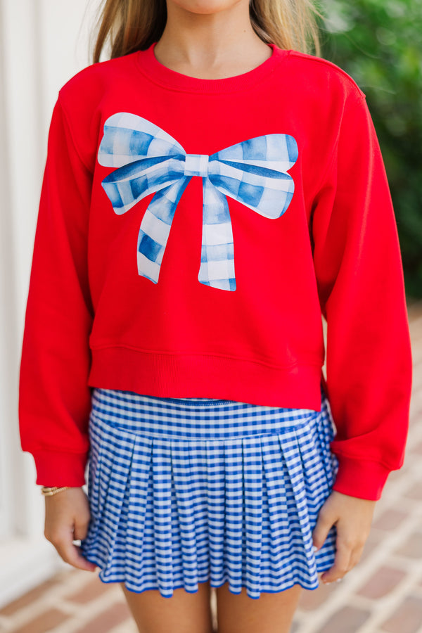 Girls: Blue Gingham Bow Red Graphic Sweatshirt