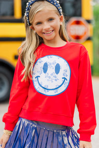 Girls: Blue Floral Toile Smiley Face Red Graphic Sweatshirt