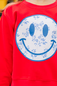 Girls: Blue Floral Toile Smiley Face Red Graphic Sweatshirt