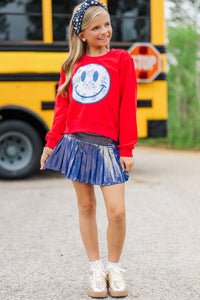 Girls: Blue Floral Toile Smiley Face Red Graphic Sweatshirt