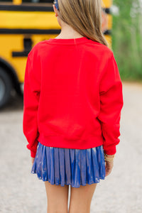 Girls: Blue Floral Toile Smiley Face Red Graphic Sweatshirt