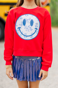Girls: Blue Floral Toile Smiley Face Red Graphic Sweatshirt