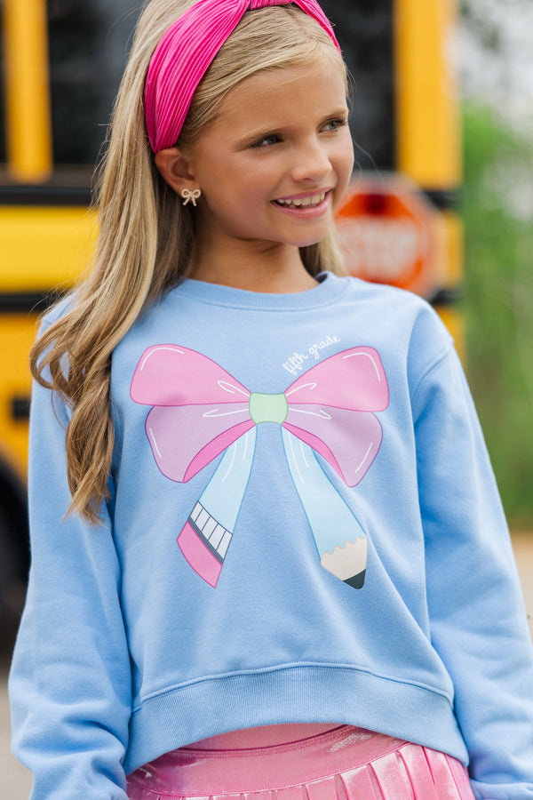 Girls: Fifth Grade Bow Sky Blue Graphic Sweatshirt