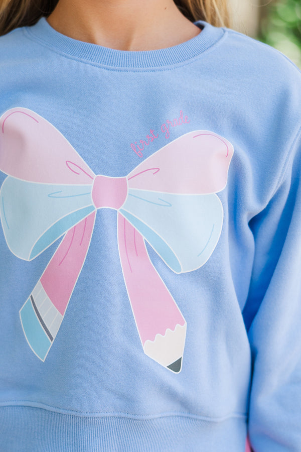 Girls: First Grade Bow Sky Blue Graphic Sweatshirt