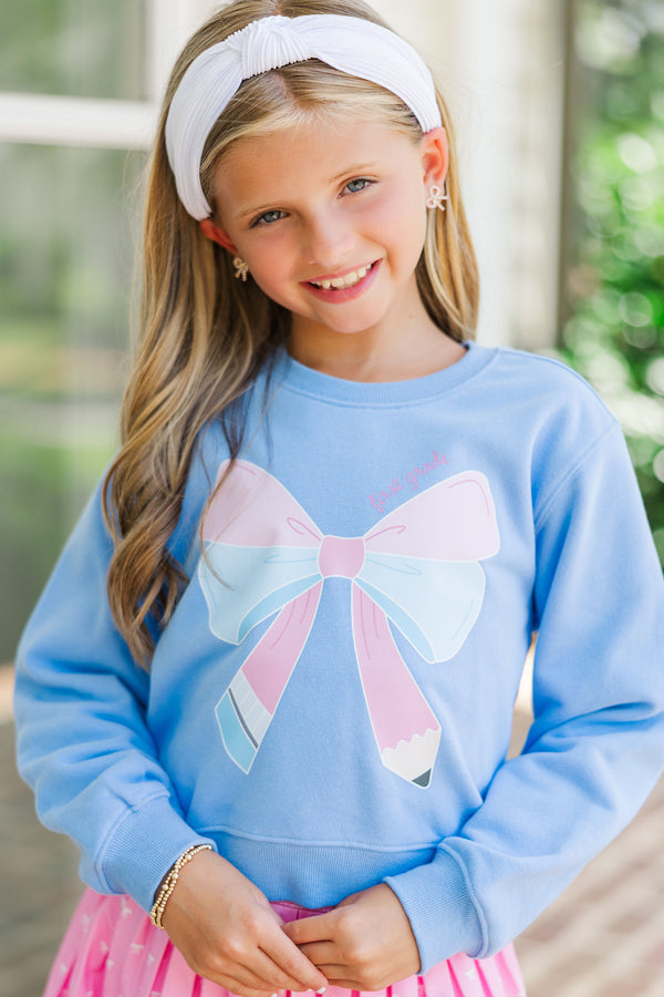 Girls: First Grade Bow Sky Blue Graphic Sweatshirt