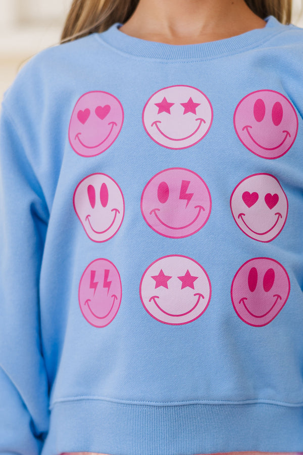 Girls: So Many Smiles Light Blue Graphic Sweatshirt