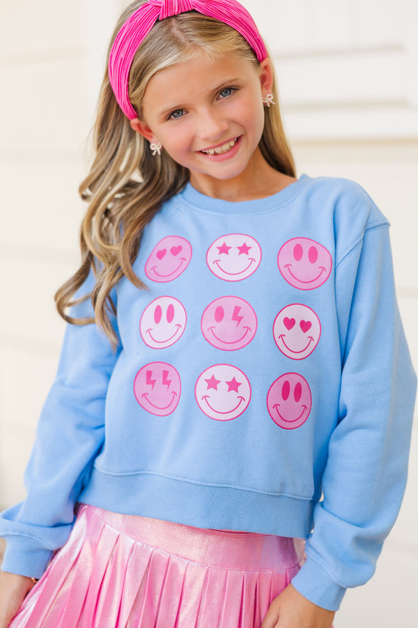 Girls: So Many Smiles Light Blue Graphic Sweatshirt