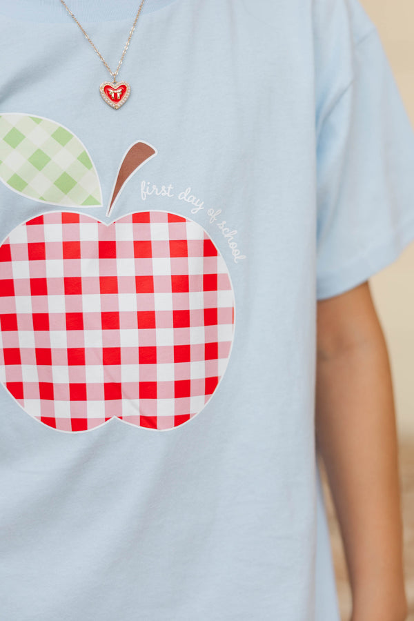 Girls: Gingham Apple Light Blue Graphic Tee