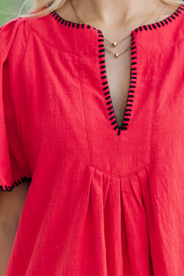 Just A Theory Red & Black Contrast Cotton Dress