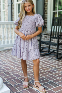 Girls: Just As You Were Purple Bow Print Babydoll Dress