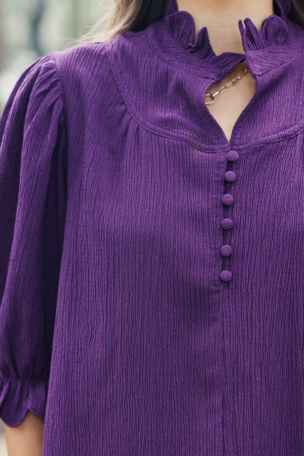 Keep It Up Plum Textured Ruffled Blouse