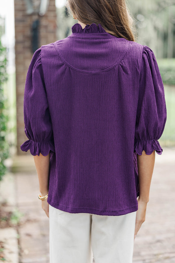 Keep It Up Plum Textured Ruffled Blouse