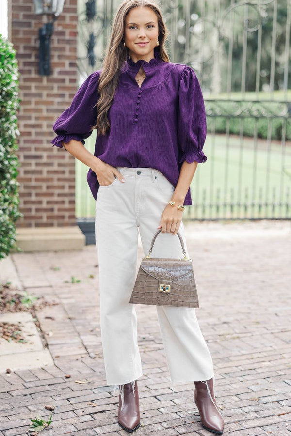 Keep It Up Plum Textured Ruffled Blouse