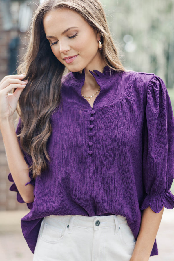 Keep It Up Plum Textured Ruffled Blouse