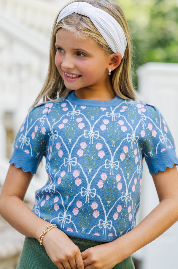 Girls: Shine A Little Brighter Teal Bow Print Sweater