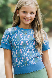 Girls: Shine A Little Brighter Teal Bow Print Sweater