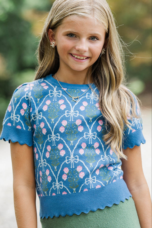 Girls: Shine A Little Brighter Teal Bow Print Sweater