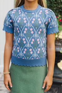 Girls: Shine A Little Brighter Teal Bow Print Sweater