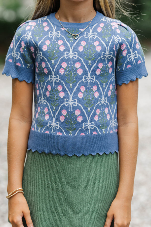 Girls: Shine A Little Brighter Teal Bow Print Sweater