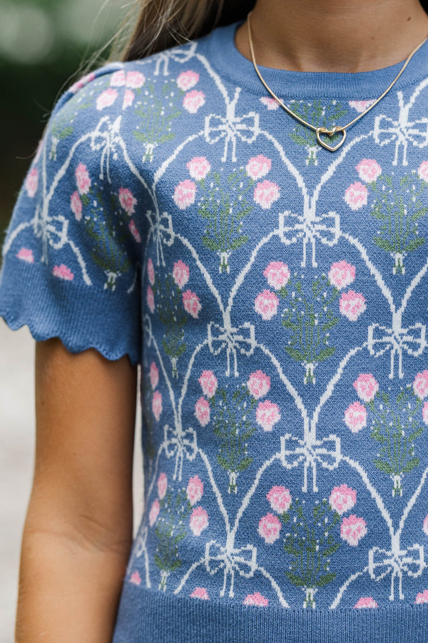 Girls: Shine A Little Brighter Teal Bow Print Sweater