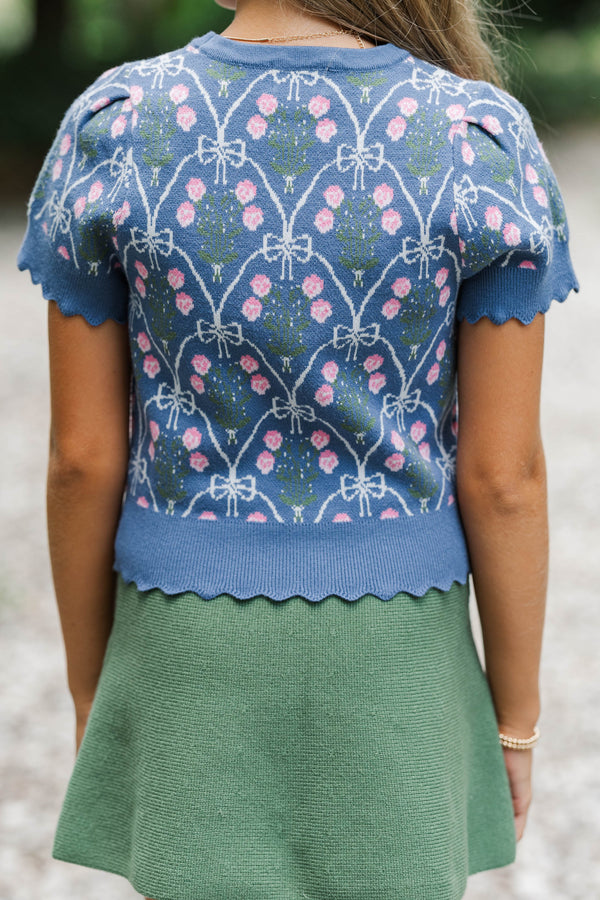 Girls: Shine A Little Brighter Teal Bow Print Sweater