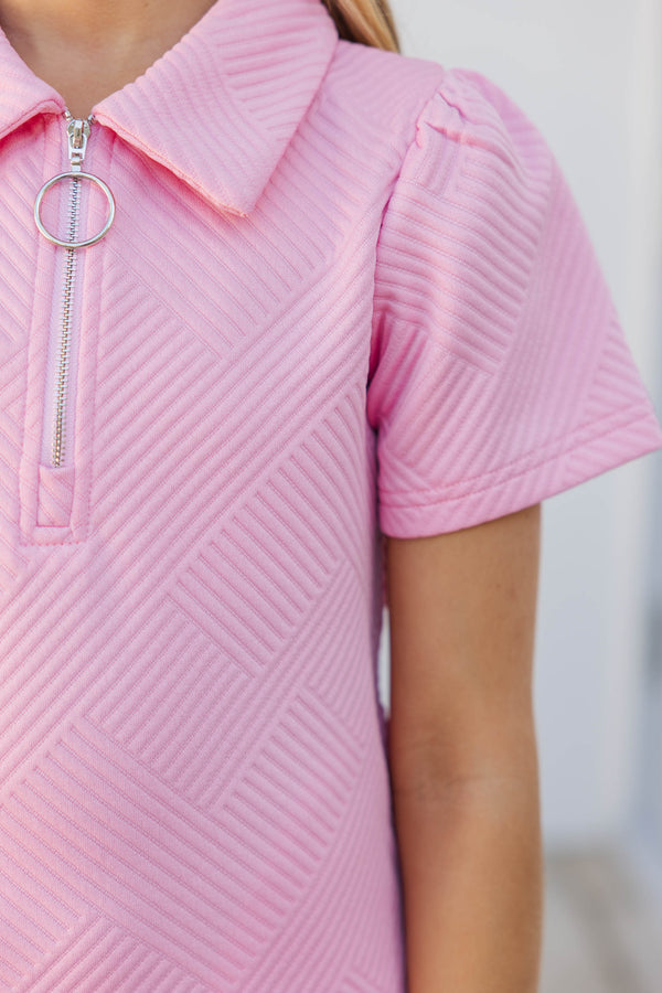 Girls: Woven Ease Pink Textured Babydoll Dress