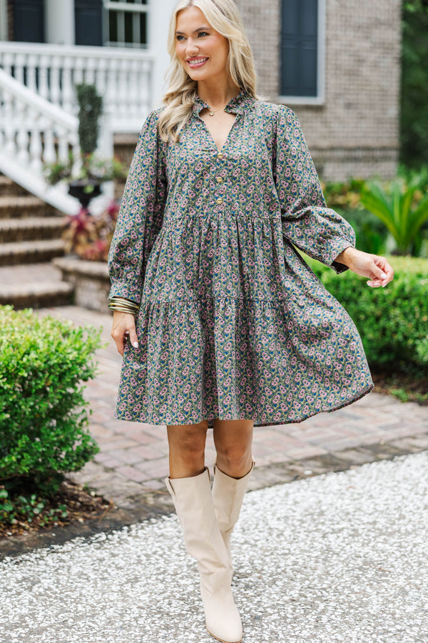 OFEEFAN Women's Long Sleeve Tunic Dress With Pockets & Buttons - Emerald Green, Fall Winter Outfit