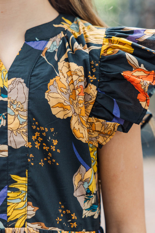 Girls: At This Time Black and Yellow Floral Dress