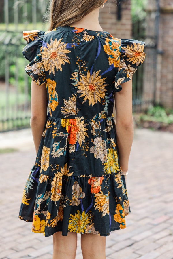 Girls: At This Time Black and Yellow Floral Dress