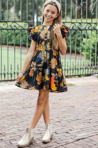 Girls: At This Time Black and Yellow Floral Dress
