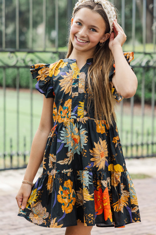 Girls: At This Time Black and Yellow Floral Dress