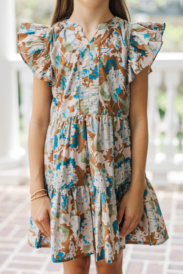 Girls: At This Time Brown Ditsy Floral Dress